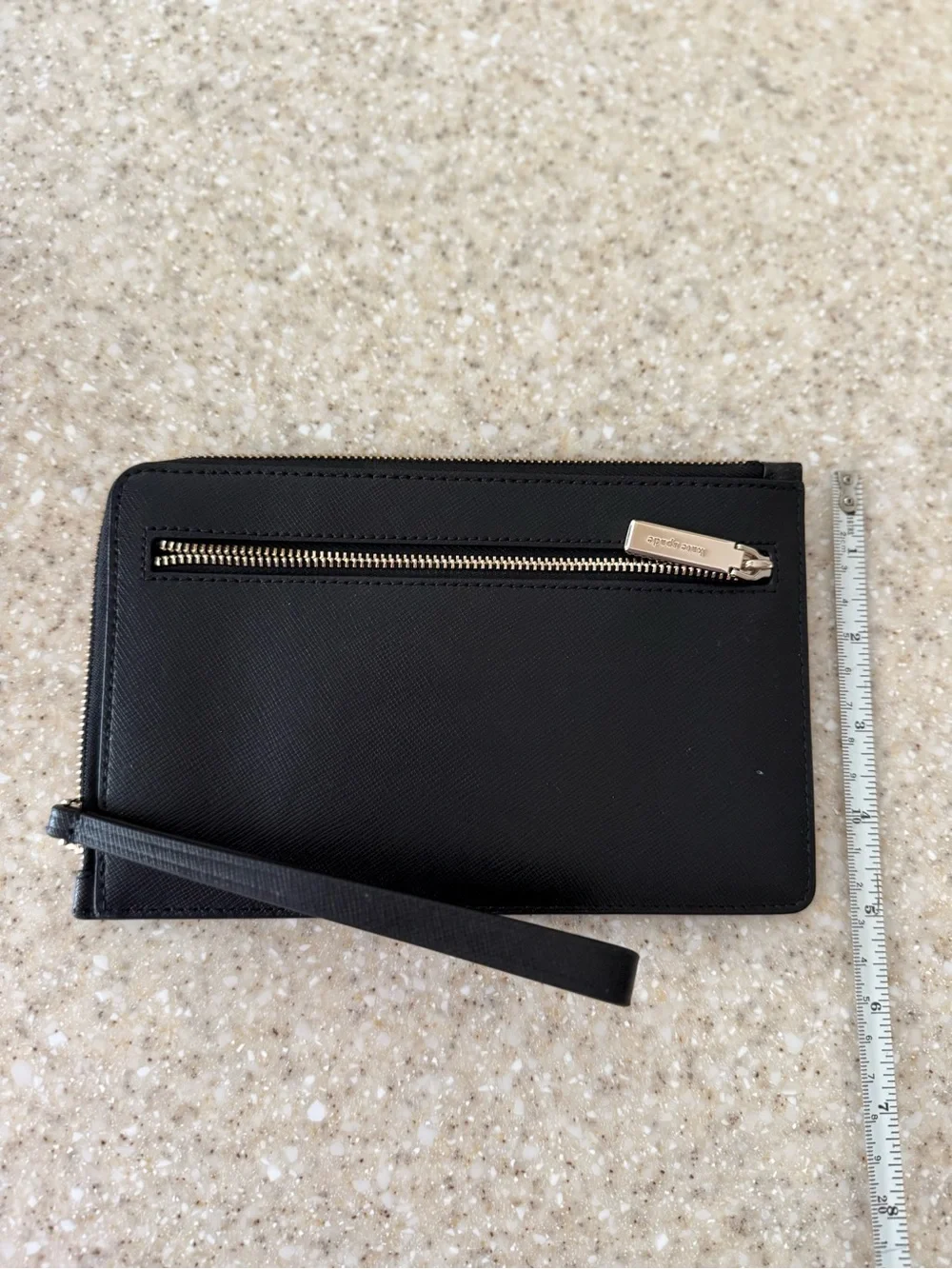 kate spade Black Leather Zip Clutch with Gold Logo